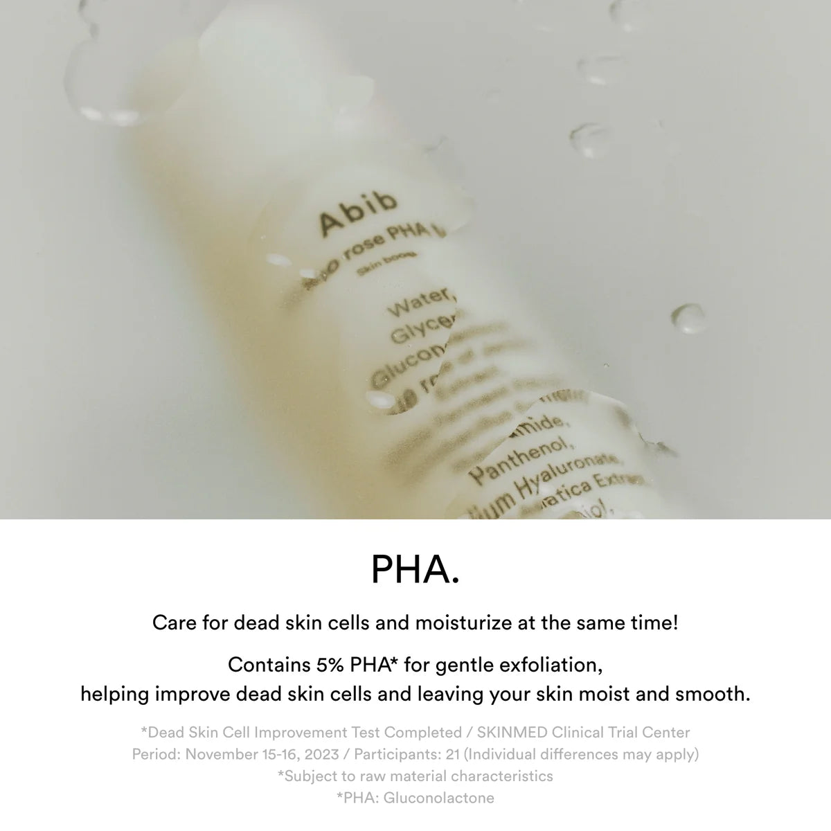 Bottle of Abib skincare product with text about PHA ingredients on a white background