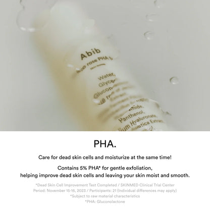Bottle of Abib skincare product with text about PHA ingredients on a white background