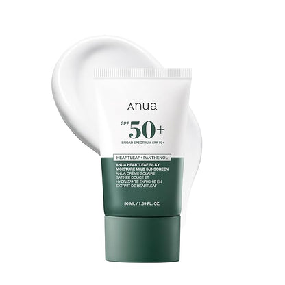 Anua sunscreen cream tube with SPF 50+ on a white background