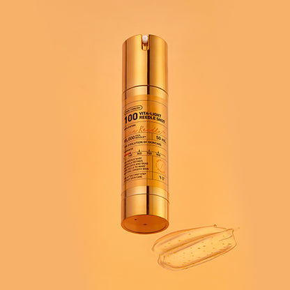 Gold skincare serum bottle on a matching orange background