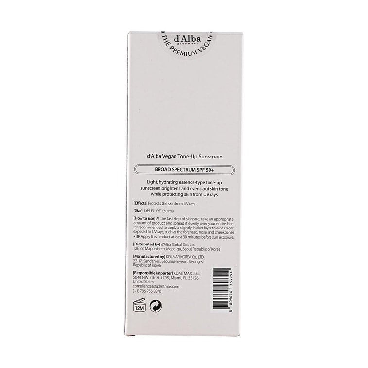 D'ALBA UV Essence Waterfull+ Sunscreen – Tone-Up Sun Cream – Broad Spectrum SPF50+ PA++++ (50ml)