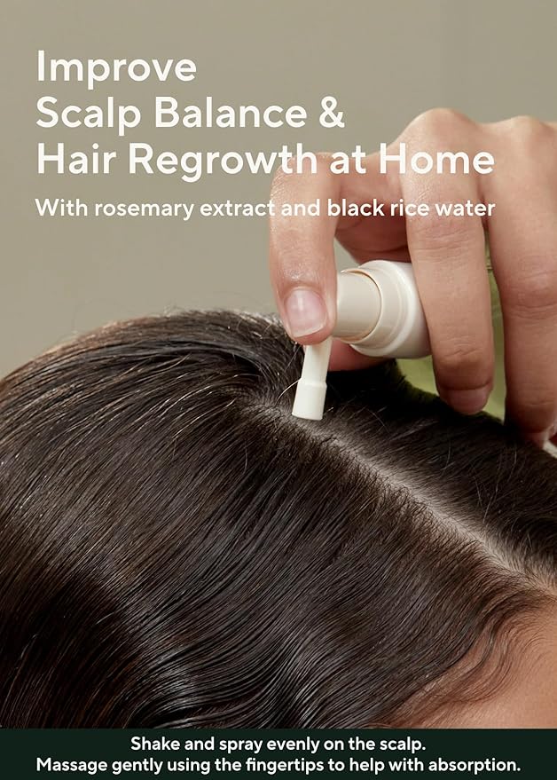 Person applying a product to hair with text about improving scalp balance and hair regrowth using rosemary extract and black rice water.