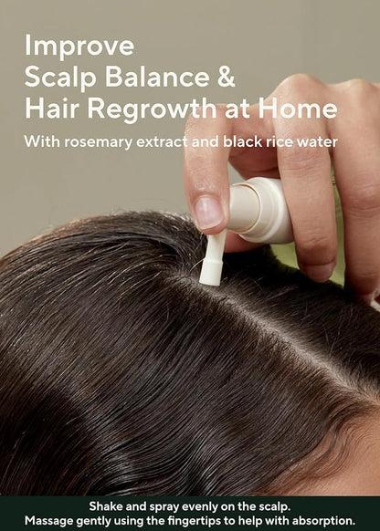 Person applying a product to hair with text about improving scalp balance and hair regrowth using rosemary extract and black rice water.