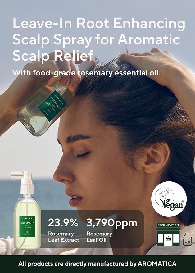 Woman applying leave-in root enhancing scalp spray with Aromatica branding.