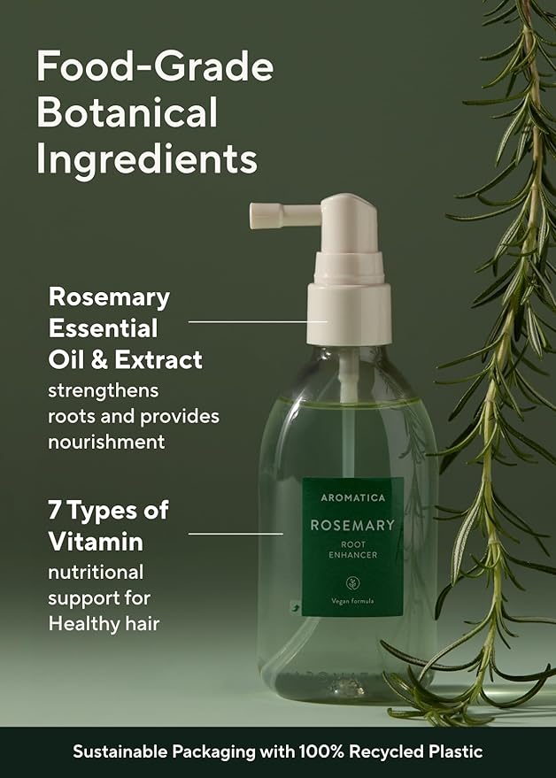 Aromatica Rosemary hair care product with rosemary essential oil on a green background