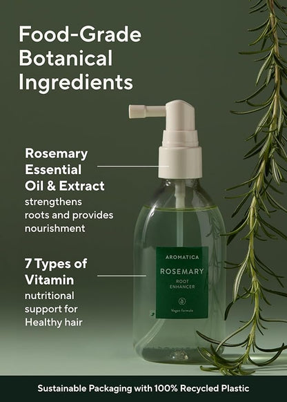 Aromatica Rosemary hair care product with rosemary essential oil on a green background