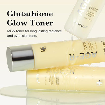 Glutathione Glow Toner bottles with product description text on a white background