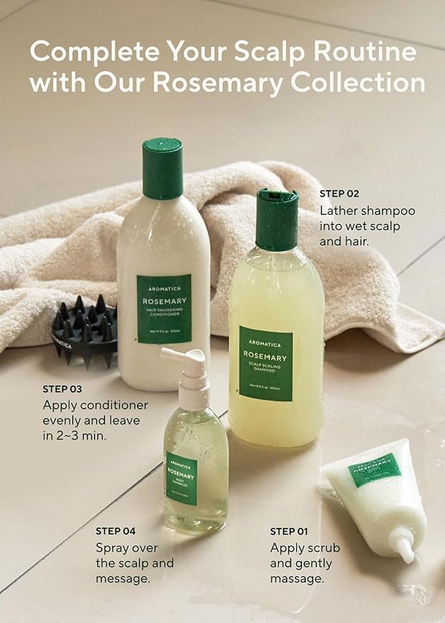 Rosemary hair care products with step-by-step instructions on a neutral background