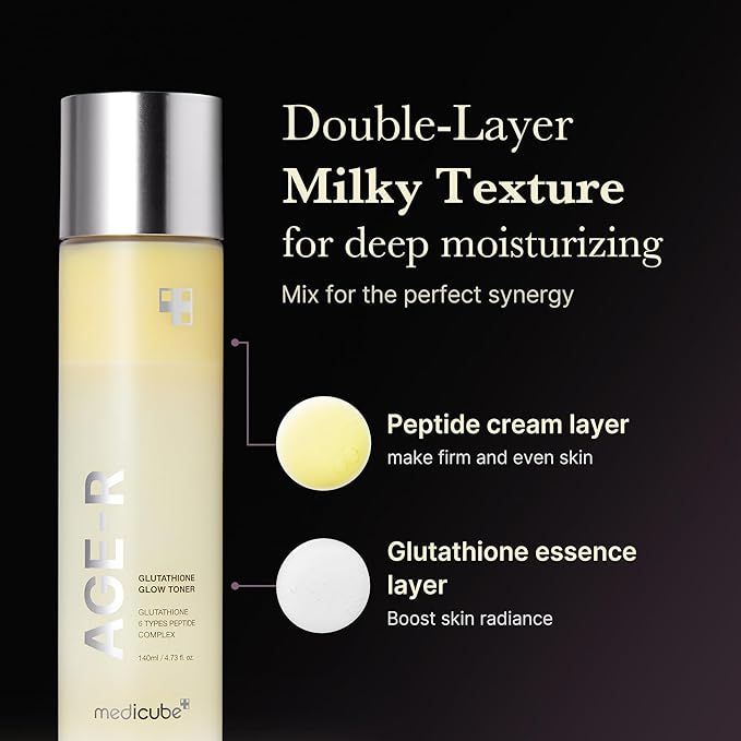 Skincare product with text describing its double-layer texture and benefits on a black background