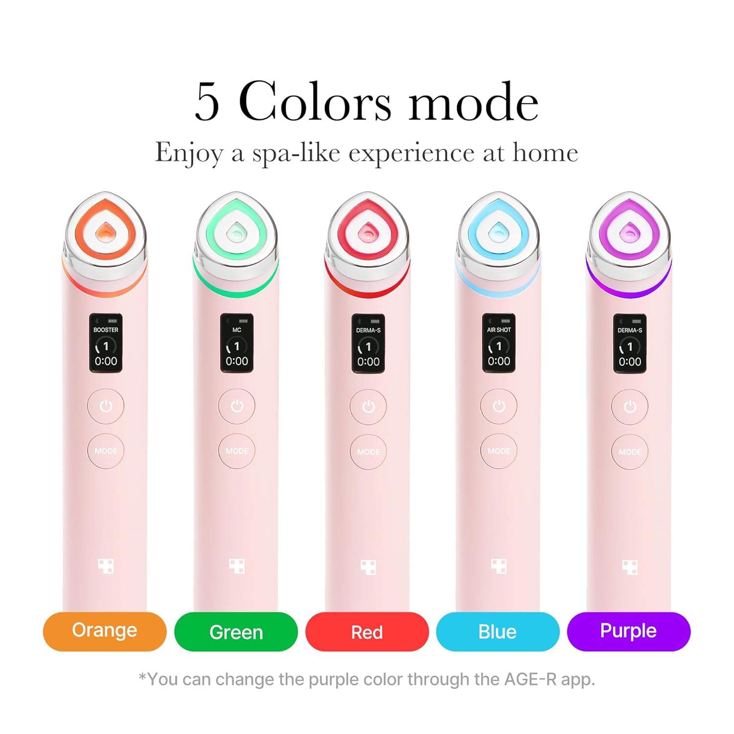 Five pink devices with color-changing lights on a white background