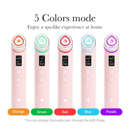 Five pink devices with color-changing lights on a white background