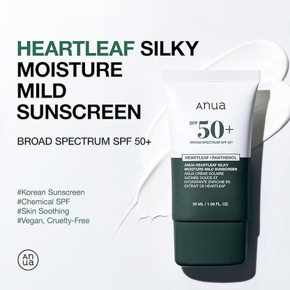 ANUA Heartleaf Silky Moisture Mild Sunscreen, Broad Spectrum SPF 50+ (50 ml)