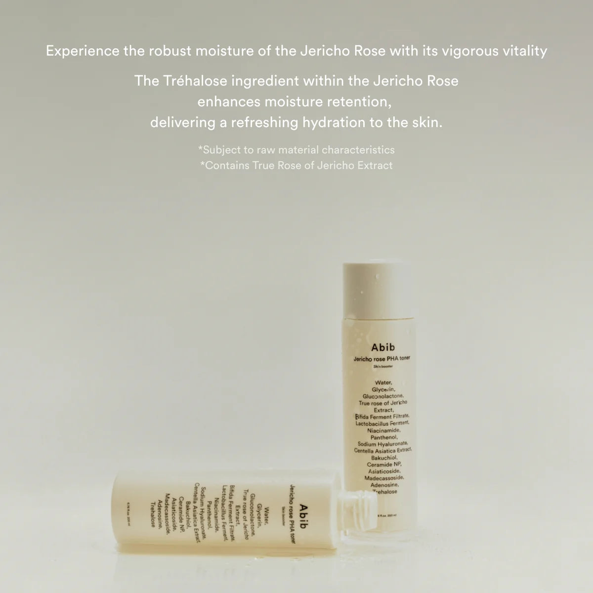 Two skincare products with text about Jericho Rose and Trehalose on a light gray background