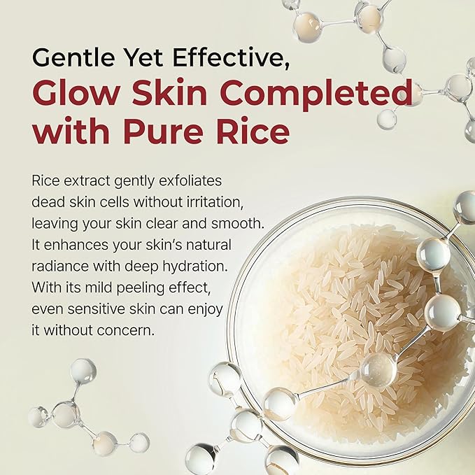 Advertisement for a skincare product with rice extract, showing text about its benefits.