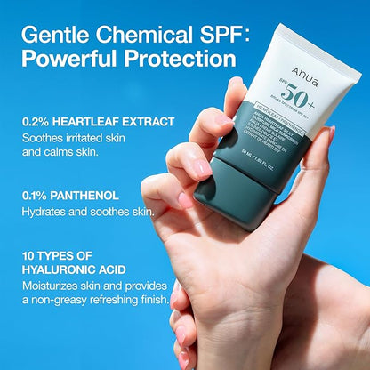 Hand holding a skincare product with text about gentle chemical SPF and skin benefits on a blue background