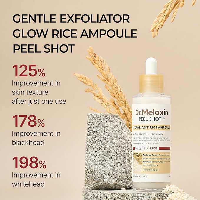 Dr. Melaxin peel shot with rice ampoule on a beige background
