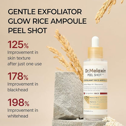 Dr. Melaxin peel shot with rice ampoule on a beige background