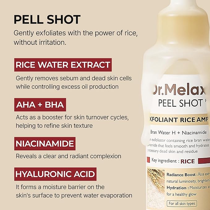 Dr. Melax Peel Shot product with text detailing its ingredients and benefits on a beige background