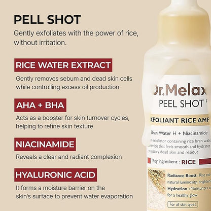 Dr. Melax Peel Shot product with text detailing its ingredients and benefits on a beige background