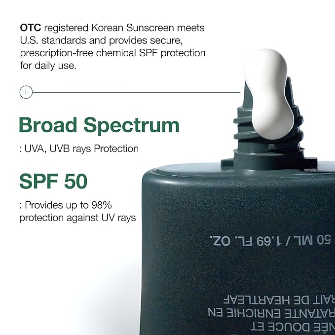 Korean sunscreen bottle with SPF 50 and UVA/UVB protection on a white background