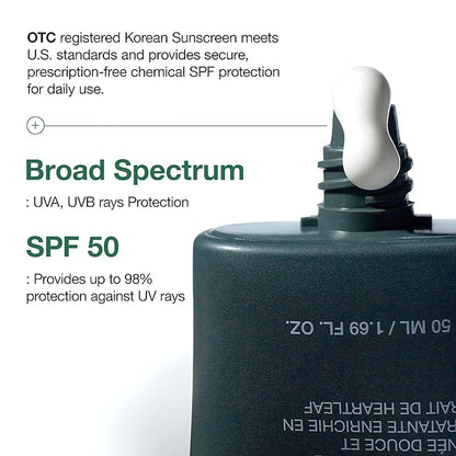 Korean sunscreen bottle with SPF 50 and UVA/UVB protection on a white background