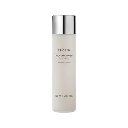 A bottle of [TIRTIR] Milk Skin Toner with a white label and silver cap, indicating it is a hydrating and brightening care product.