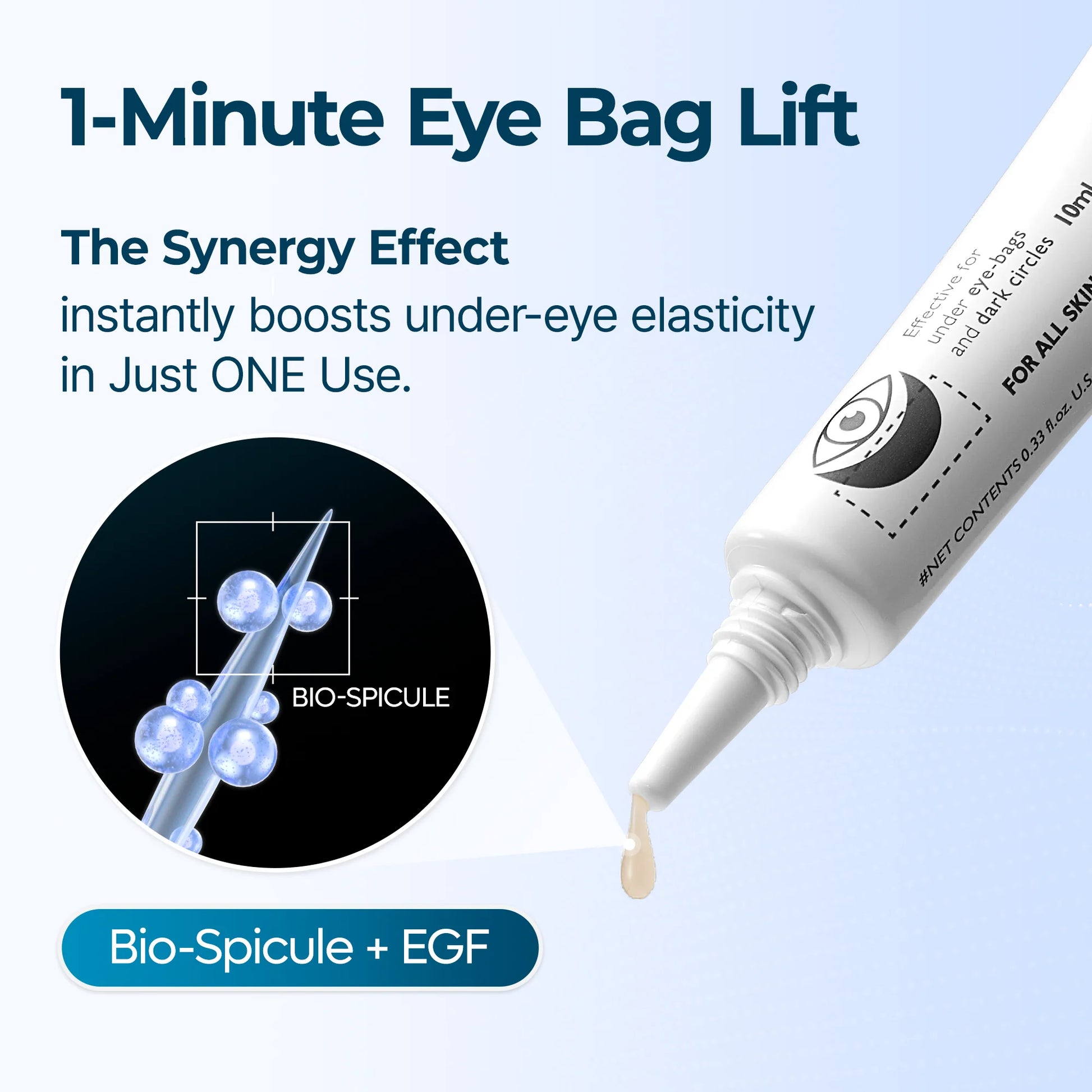 Eye cream tube with text about '1-Minute Eye Bag Lift' and 'Bio-Spicule + EGF' on a light blue background.