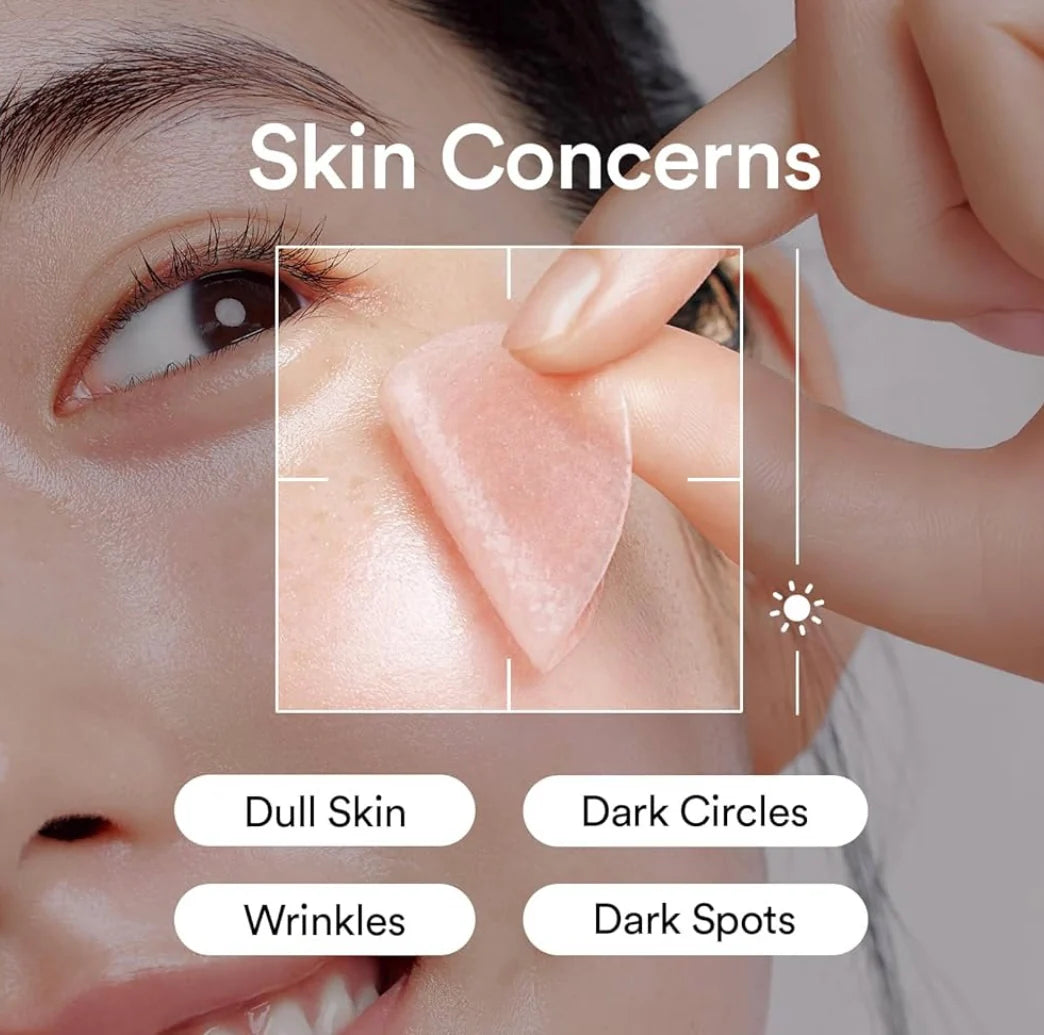 Close-up of a person's eye with text 'Skin Concerns' and icons for skin issues.
