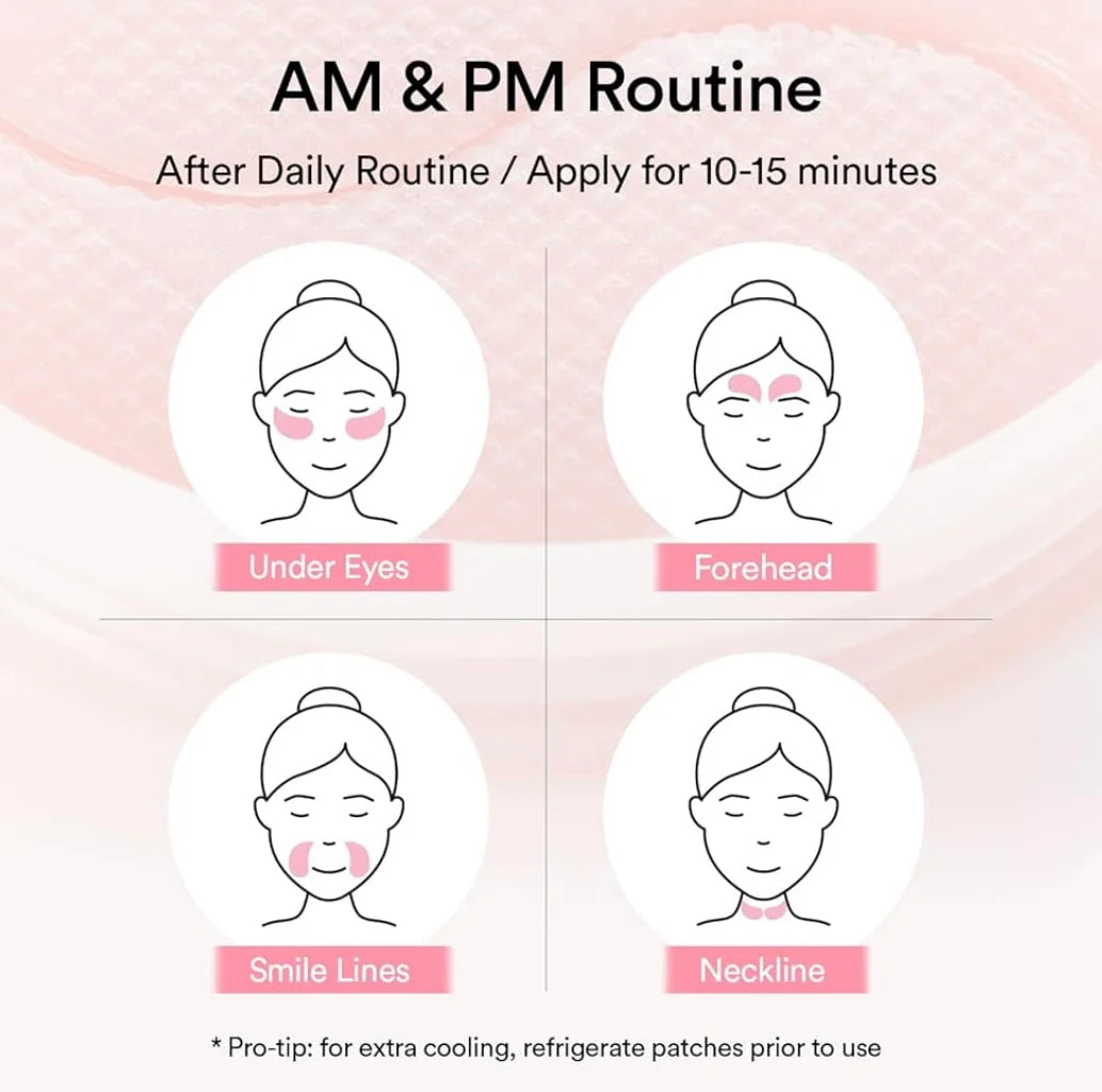 AM & PM Routine diagram for applying patches to face on a pink background