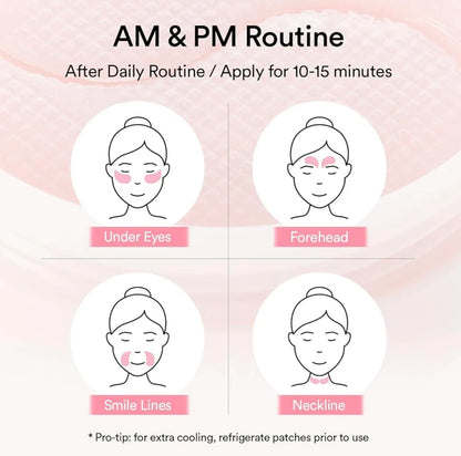 AM & PM Routine diagram for applying patches to face on a pink background