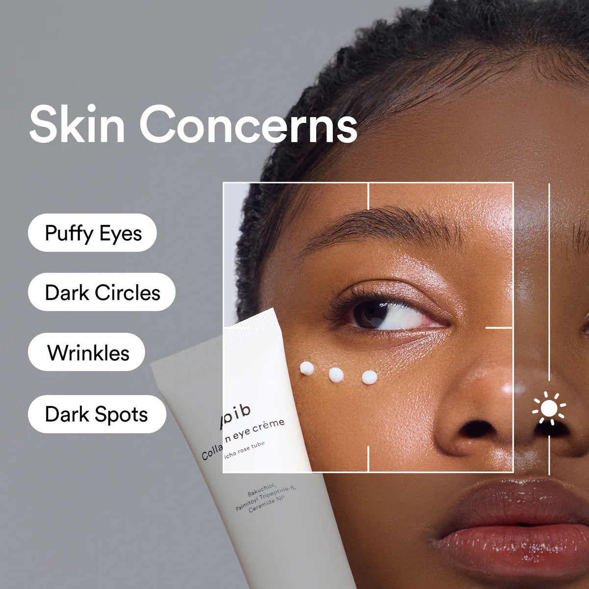 Close-up of a person's eye with skin concerns listed and a skincare product in the corner.