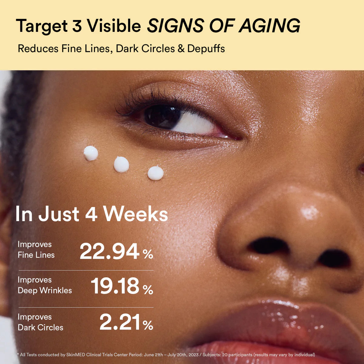 Advertisement for a skincare product targeting aging signs with a close-up of a person's eye area.
