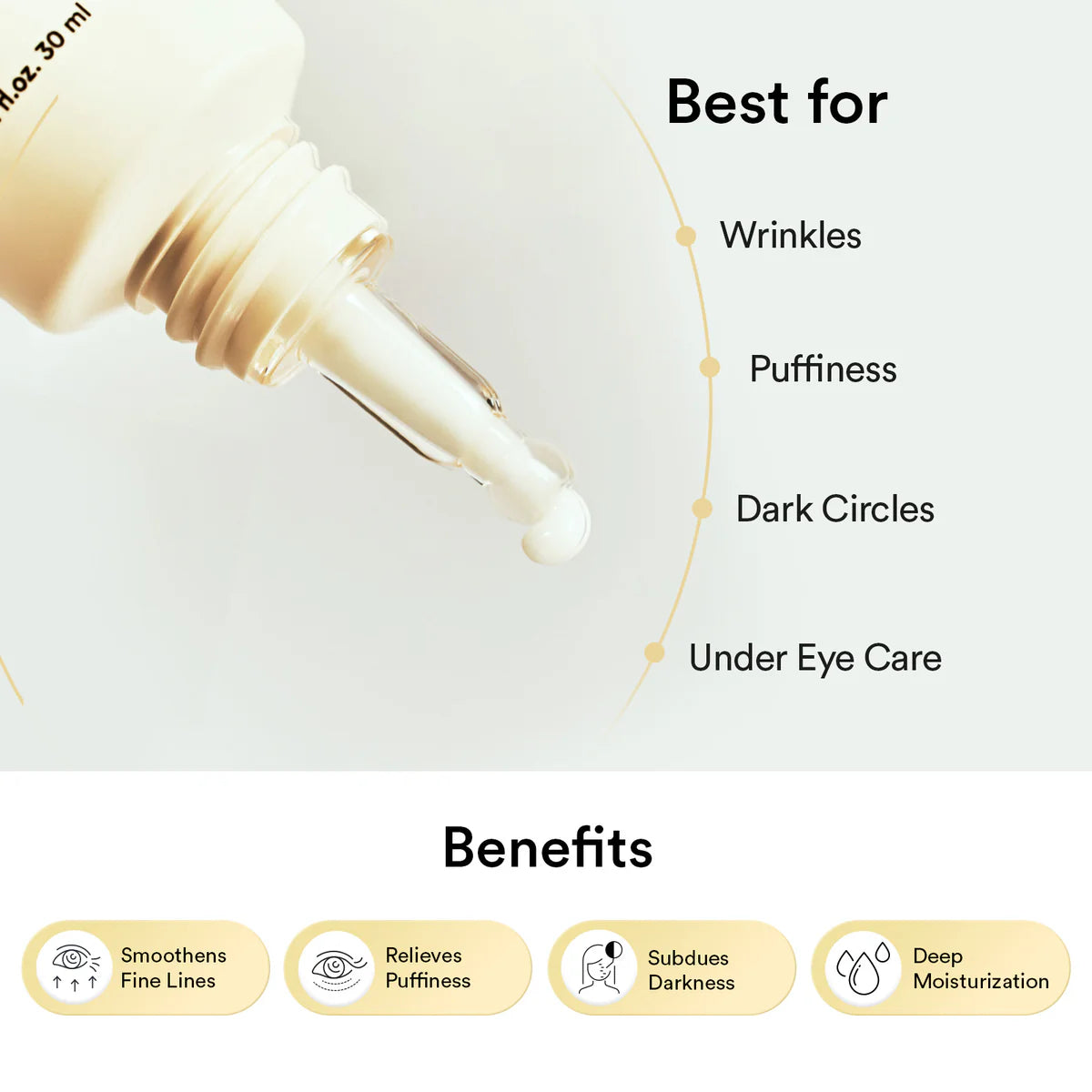 Skincare serum bottle with dropper and text highlighting benefits on a light background