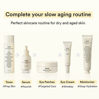 Collection of Abib skincare products with labels for a skincare routine.