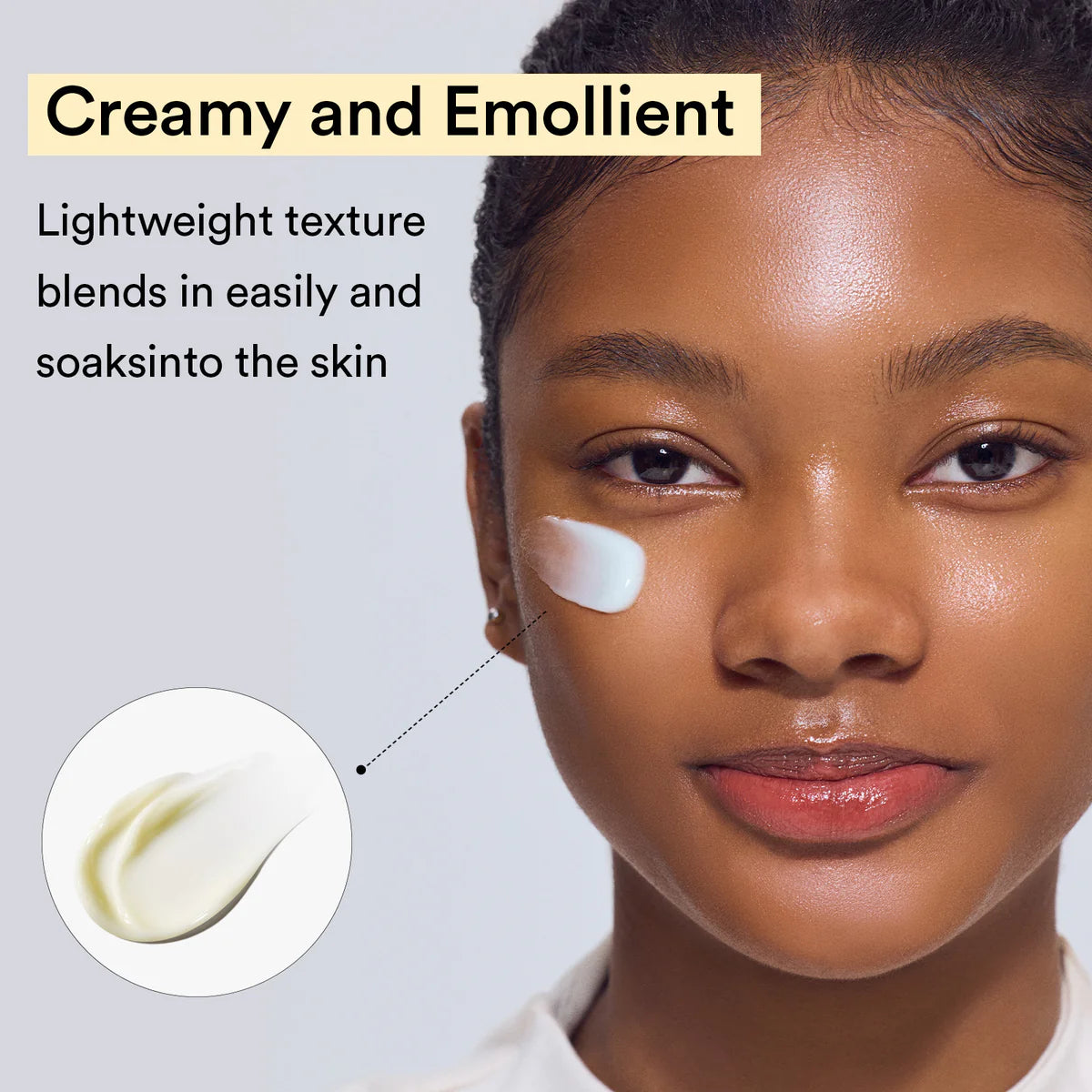 Woman's face with cream applied, text about cream's properties, and a close-up of cream.