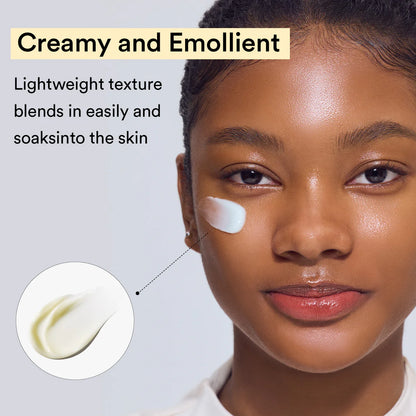Woman's face with cream applied, text about cream's properties, and a close-up of cream.
