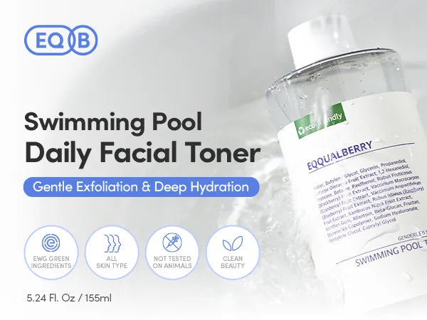 Facial toner bottle with branding and product details on a light gray background
