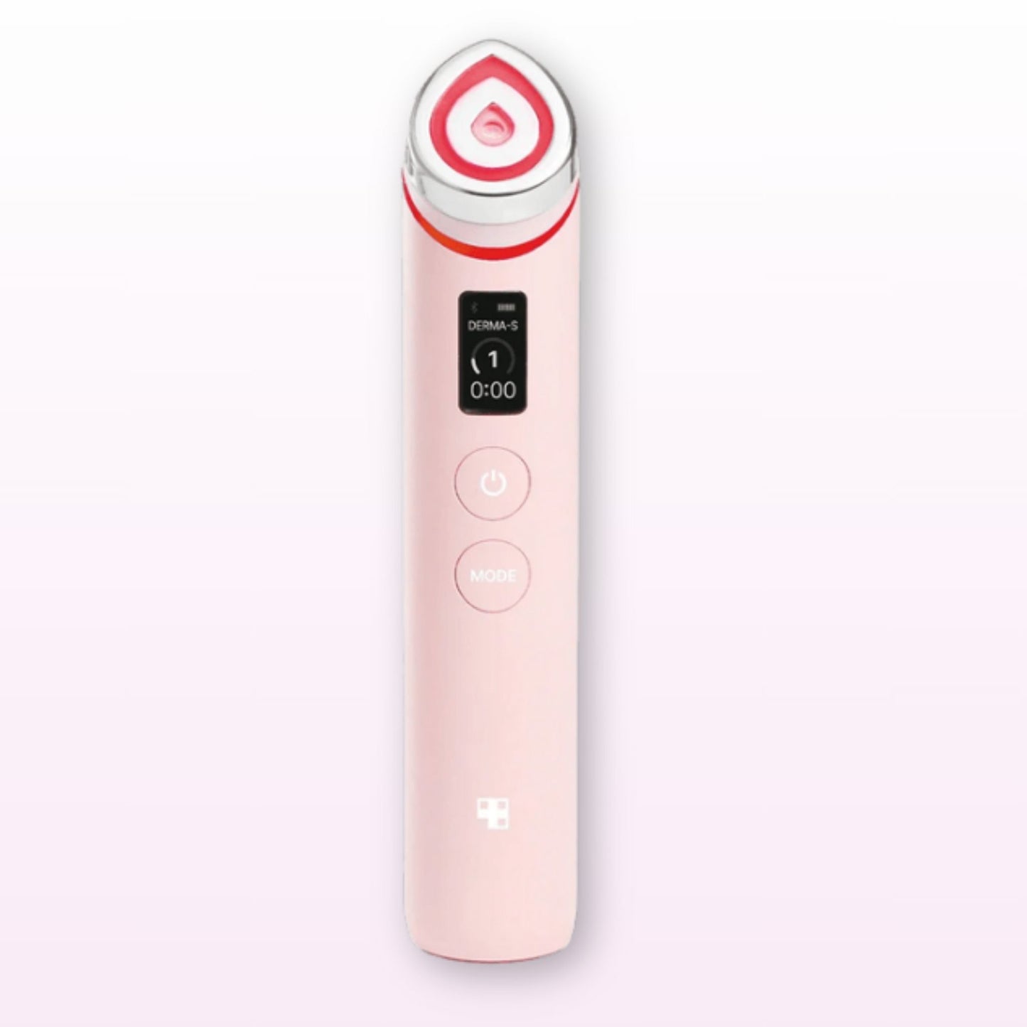 Pink electronic device with a digital display on a white background
