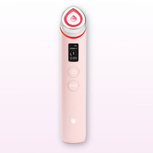 Pink electronic device with a digital display on a white background