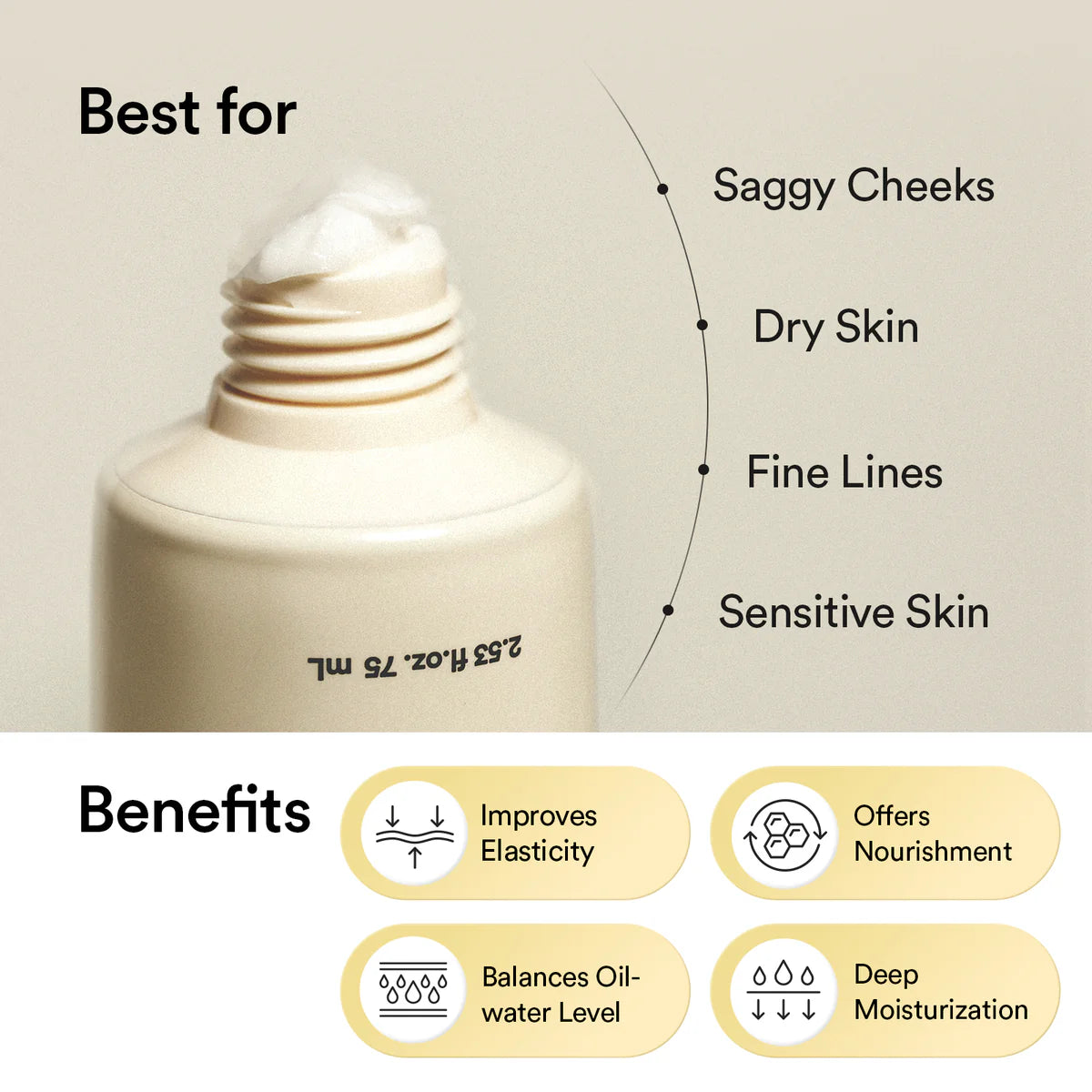 Skincare product bottle with benefits text on a beige background