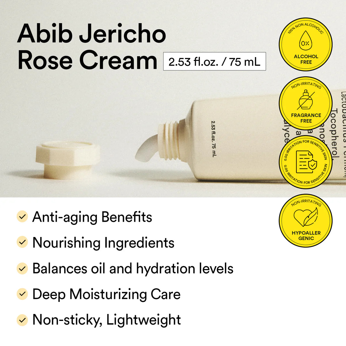 Abib Jericho Rose Cream bottle with product details and benefits on a light background
