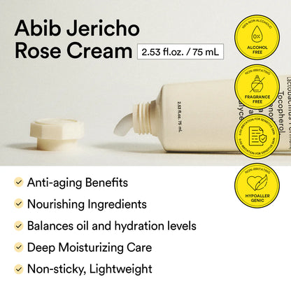 Abib Jericho Rose Cream bottle with product details and benefits on a light background