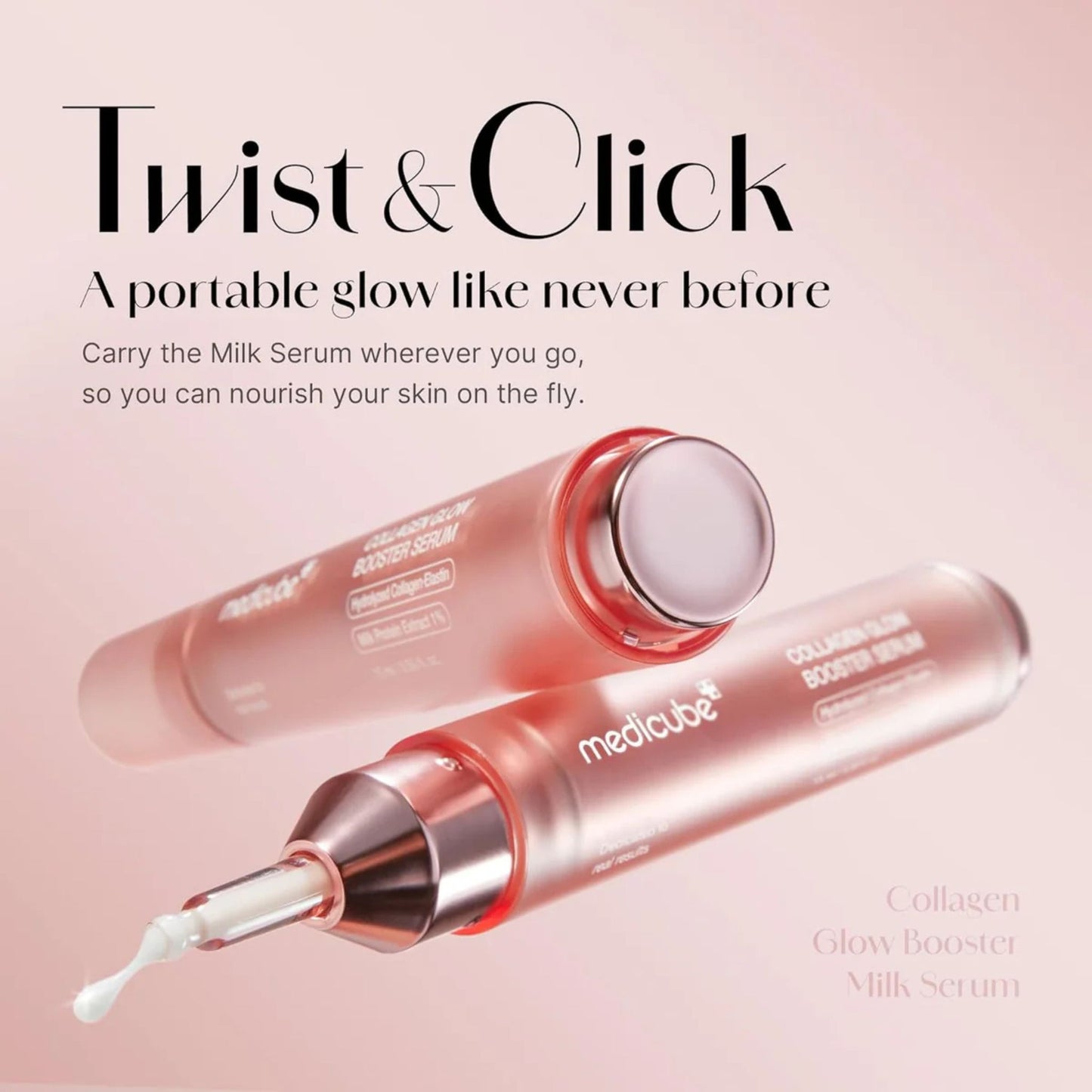 Medicube Collagen Glow Booster Milk Serum with 'Twist & Click' feature on a pink background