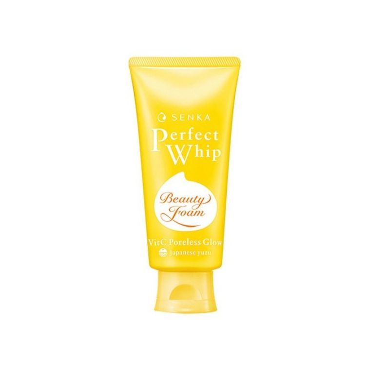 A yellow tube of SHISEIDO SENKA Perfect Whip Vitamin C Poreless Glow Cleanser with Japanese Yuzu design elements.