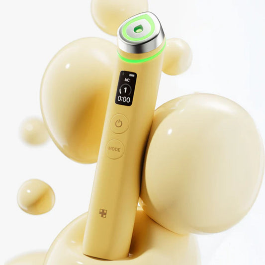 Yellow handheld device with digital display and control buttons on a white background