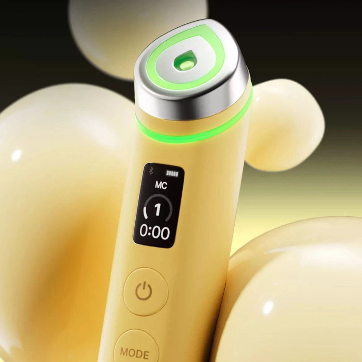 Yellow electronic device with a digital display and green light on a dark background