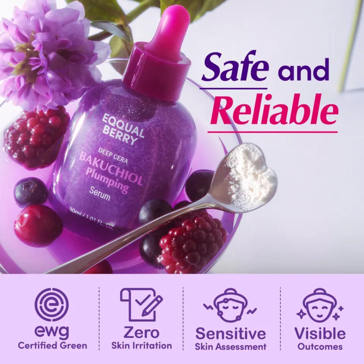 Purple serum bottle with dropper labeled 'Equal Berry' surrounded by berries and flowers, with text 'Safe and Reliable' and certification logos.