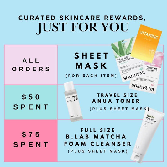 Skincare reward program with product images and text on a light blue background