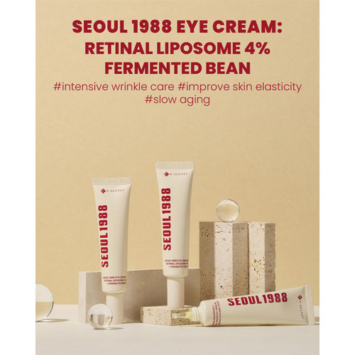SEOUL 1988 eye cream with product packaging on a beige background