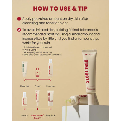 Skincare product guide with application instructions and product display on a beige background